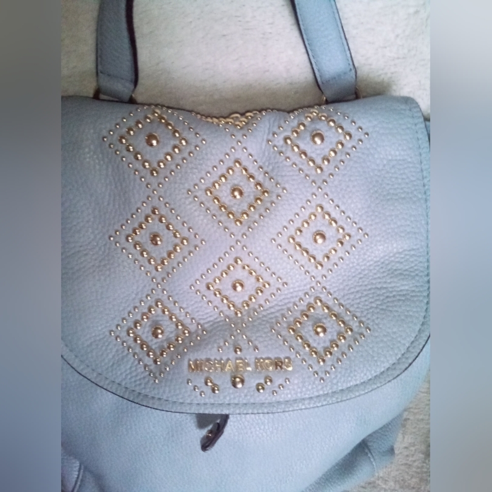 Michael Kors Riley Powder Blue Pebbled Leather Gold Studded Drawstring Backpack - Picture 3 of 12